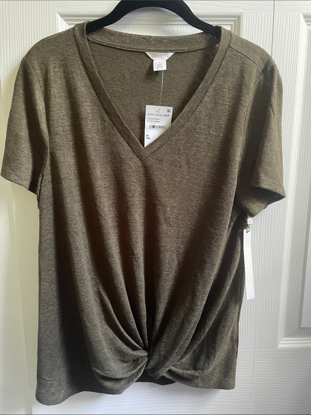 Caslon Olive Green V-Neck Short Sleeve Knot-Front Tee